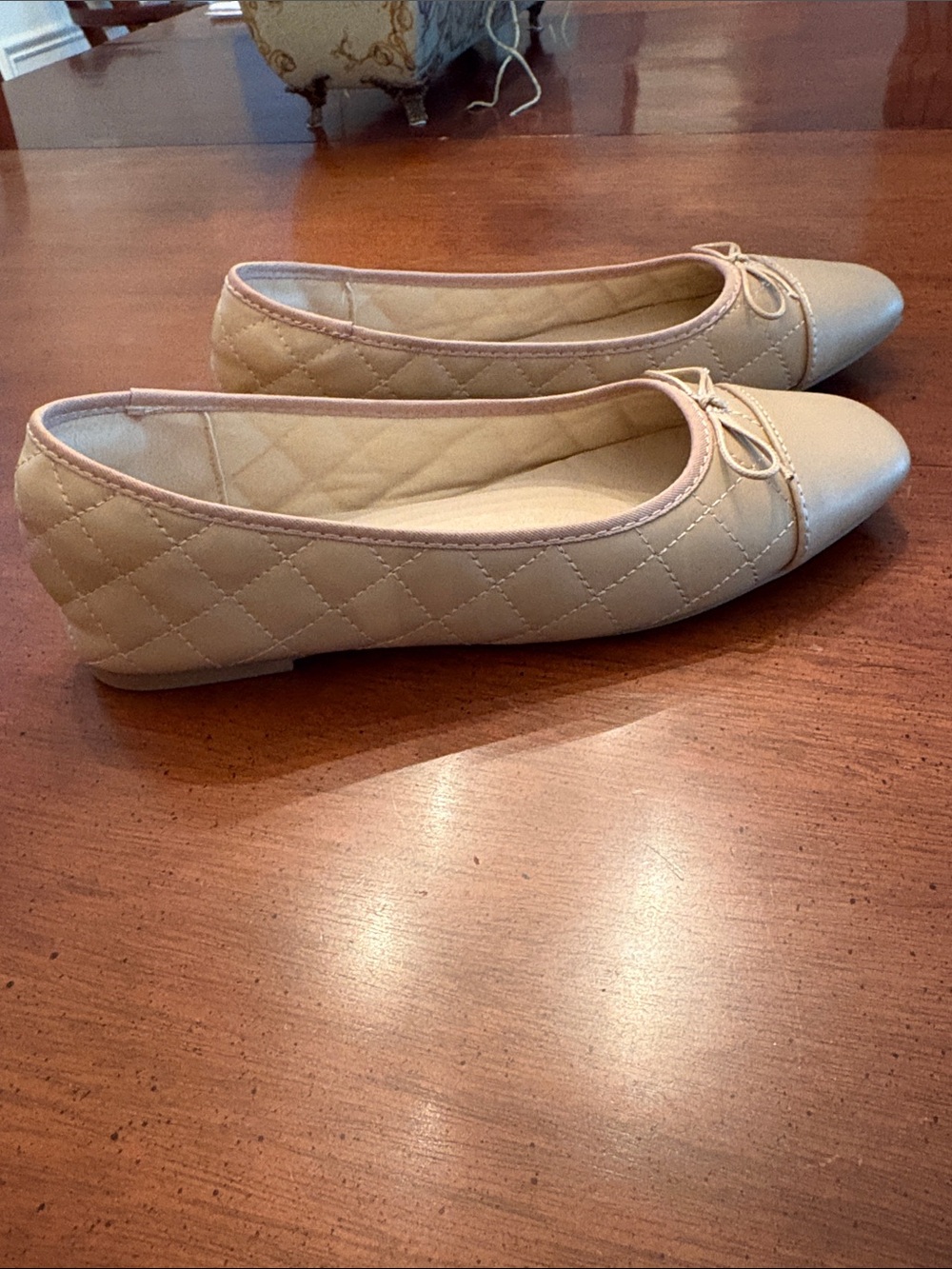 Quilted Nude Ballet Flats with Bow - Women